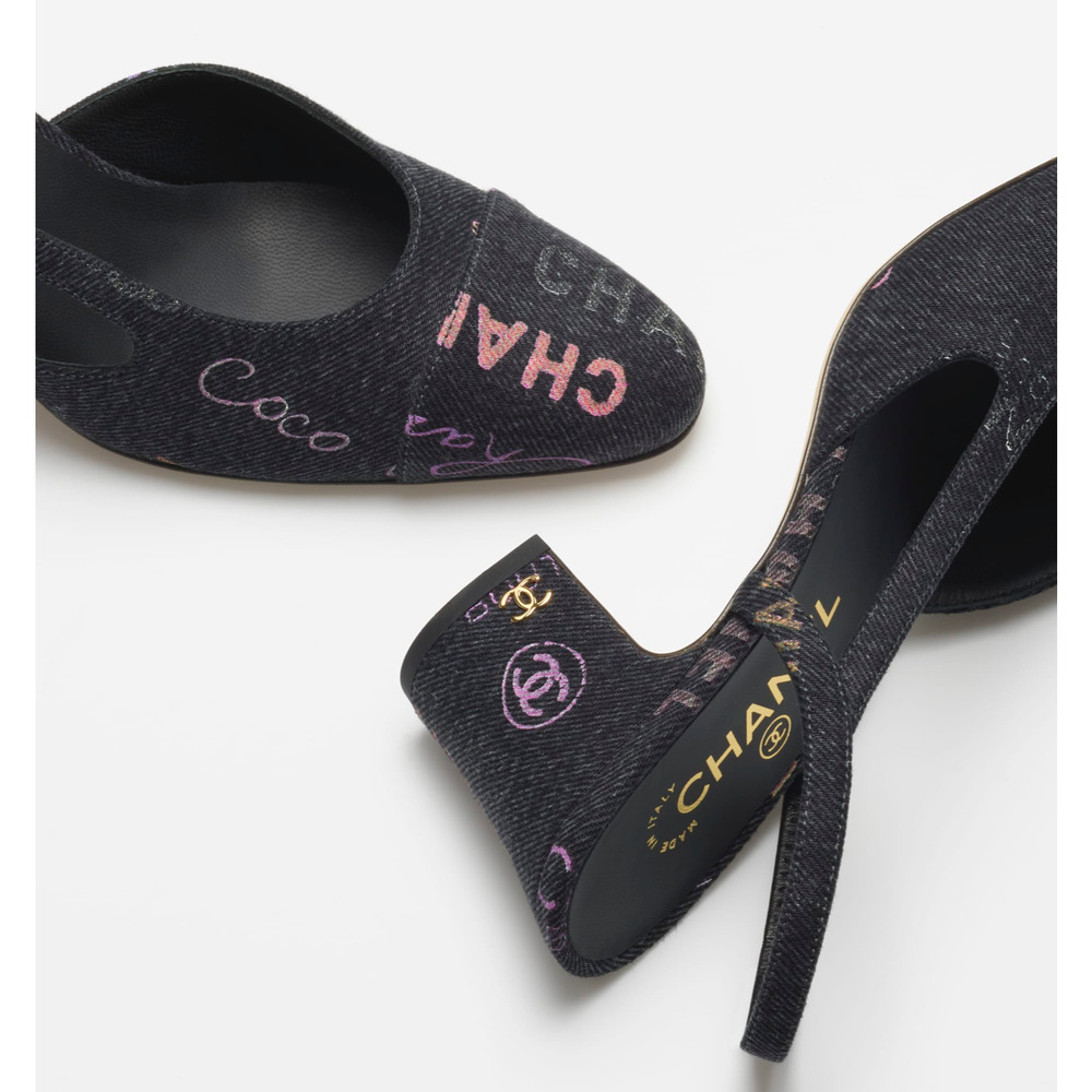 Chanel 22P Mademoiselle Coco Sling CC Black Grey Denim Slingback Sandal Heel 40 - Picture 8 of 12